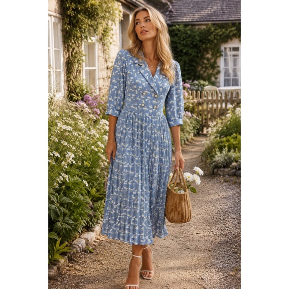 Nina Originals Dresses & Skirts - Vintage Breli Dress Womens 10 Blue Floral Cottagecore‎ Prairie Midi 70s Romantic